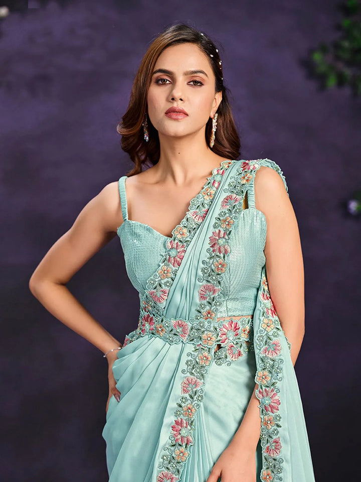 Aqua Blue Crape Satin Silk Embroidered Ready to Wear Saree - VJV Now