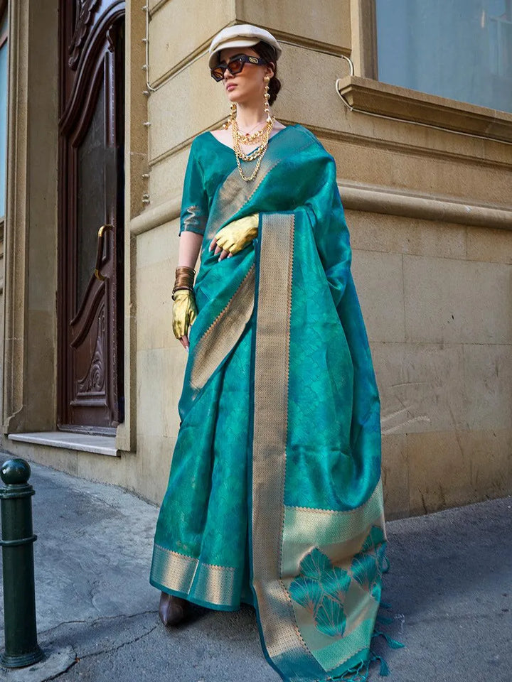 Aqua Blue Organza Festive Wear Organza Saree with Exquisite Weaving - VJV Now