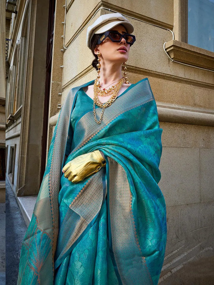 Aqua Blue Organza Festive Wear Organza Saree with Exquisite Weaving - VJV Now