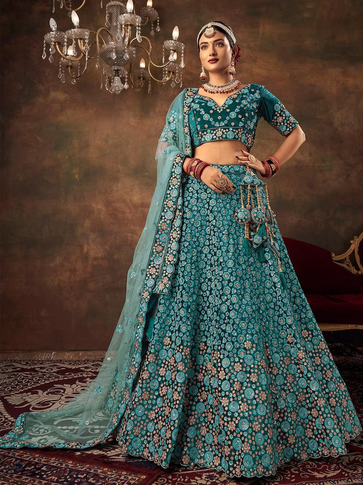 Aqua Blue Velvet Heavy Hand Work Umbrella Lehenga Choli Wedding Wear - VJV Now