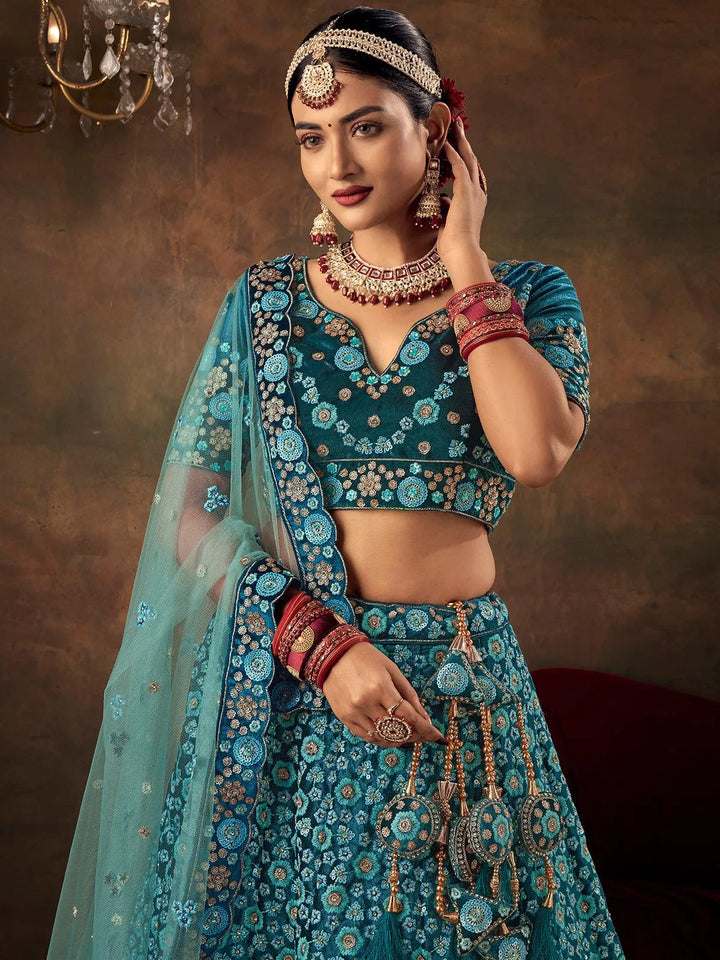 Aqua Blue Velvet Heavy Hand Work Umbrella Lehenga Choli Wedding Wear - VJV Now