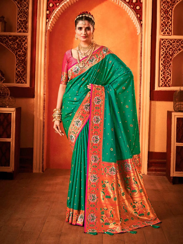 Banarasi Silk Saree with Paithani Weaving In Green For Festival Party Wear - VJV Now