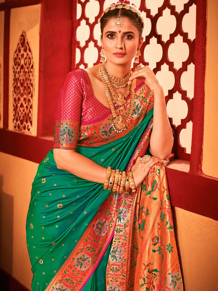 Banarasi Silk Saree with Paithani Weaving In Green For Festival Party Wear - VJV Now