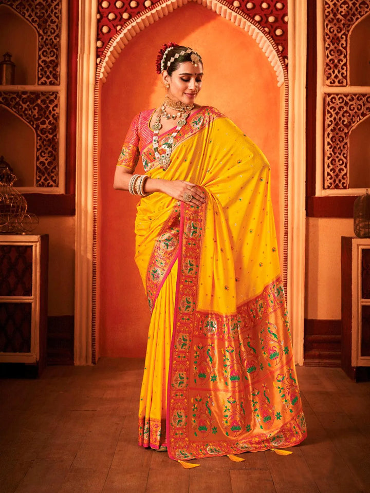 Banarasi Silk Saree with Paithani Weaving In Yellow For Party Wear - VJV Now