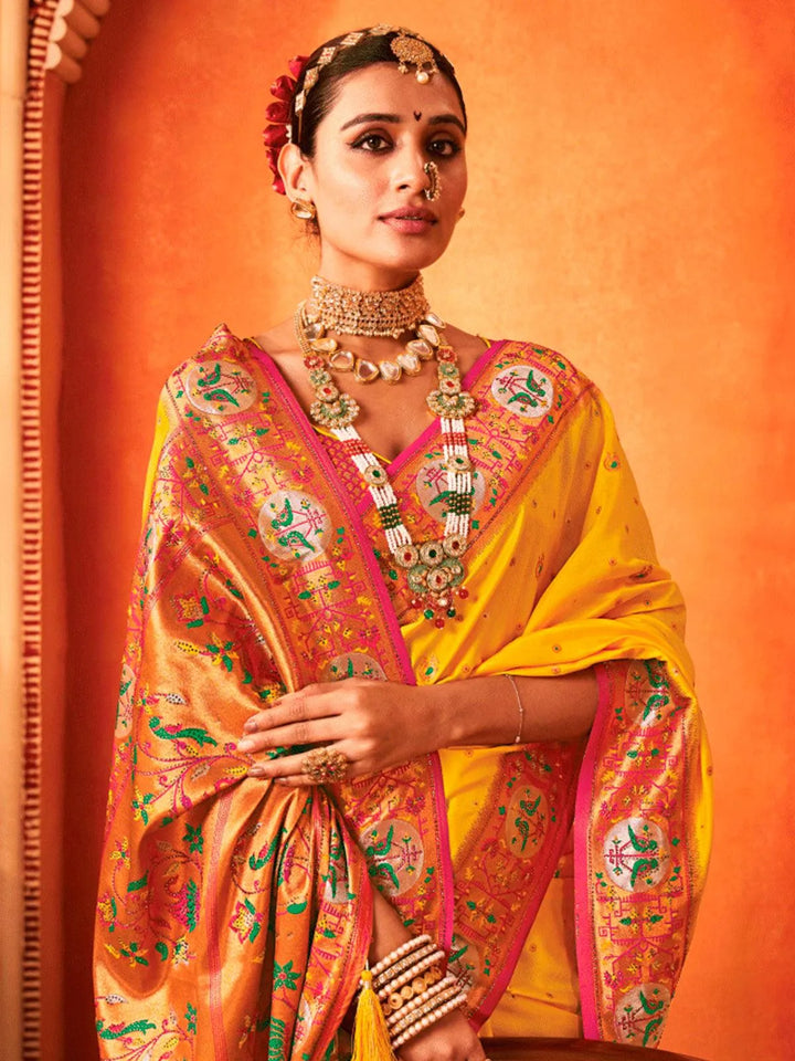 Banarasi Silk Saree with Paithani Weaving In Yellow For Party Wear - VJV Now