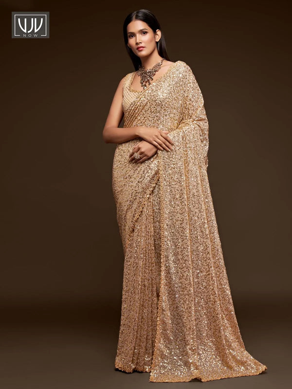 Beauteous Cream Color Georgette Designer Party Wear Saree - VJV Now