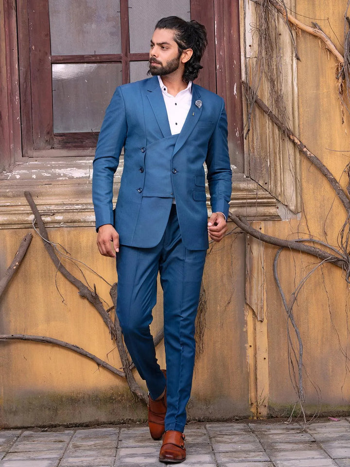 Beauteous Teal Blue Color Men's Double Breasted Designer Suit - VJV Now