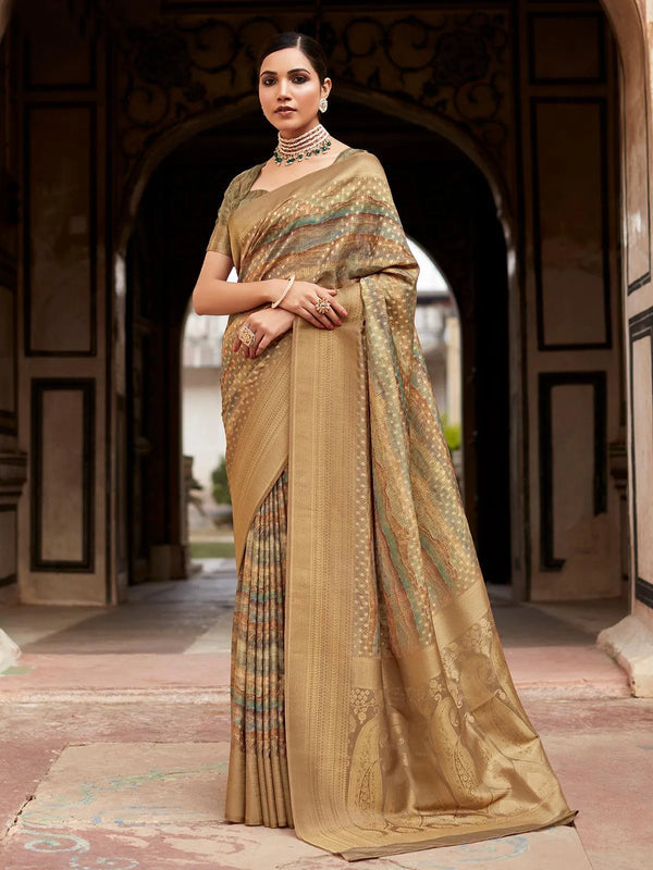 Beautiful Beige Banarasi Crape Silk With Weaving Work Saree for All Occasions - VJV Now