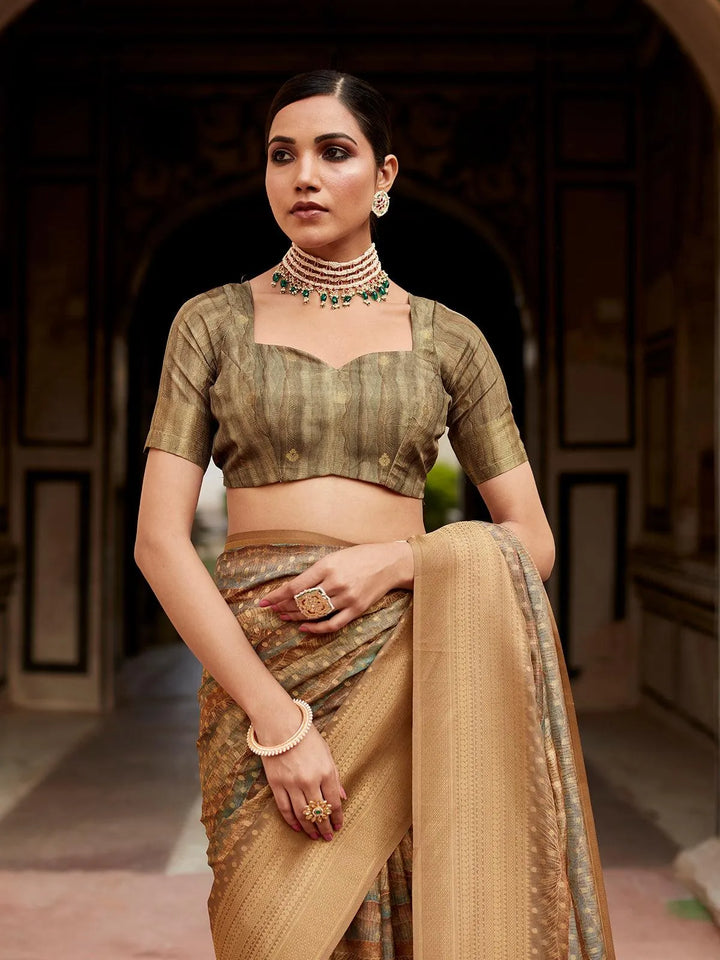 Beautiful Beige Banarasi Crape Silk With Weaving Work Saree for All Occasions - VJV Now