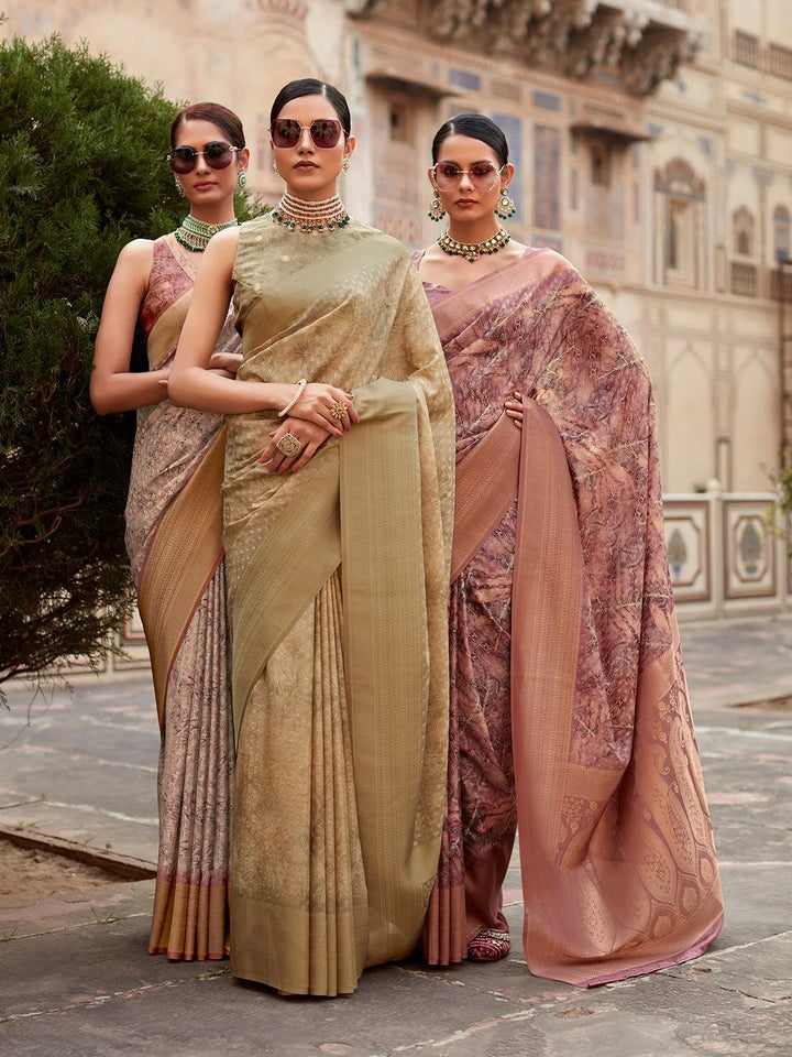 Beautiful Beige Banarasi Crape Silk With Weaving Work Saree for All Occasions - VJV Now