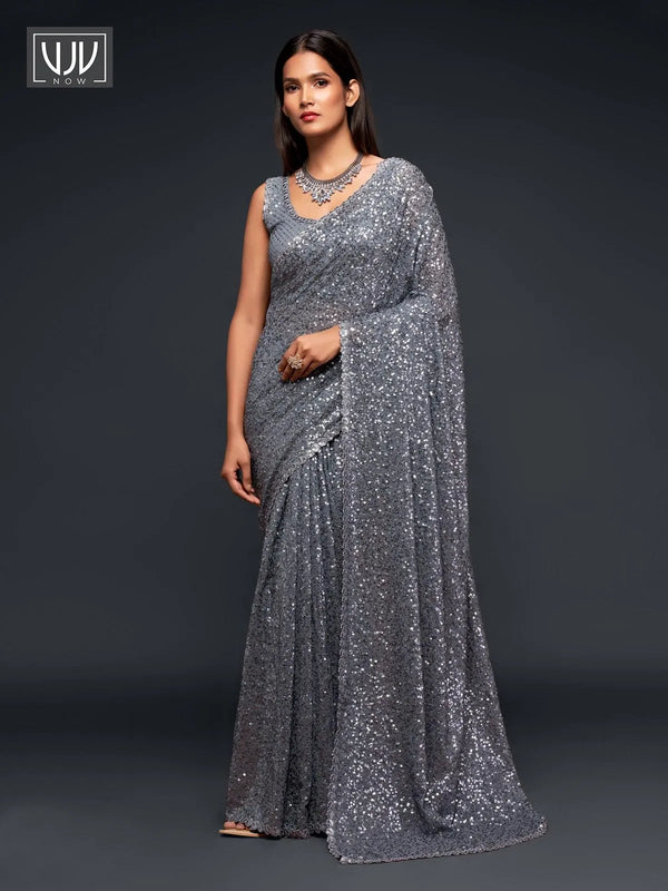 Beguiling Grey Color Georgette Designer Party Wear Saree - VJV Now