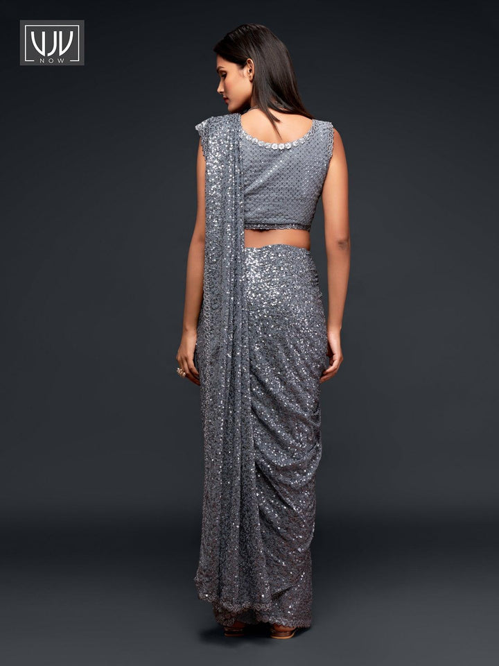 Beguiling Grey Color Georgette Designer Party Wear Saree - VJV Now