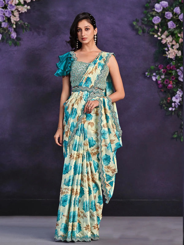 Beige & Blue Satin Silk Embroidered Ready to Wear Saree - VJV Now