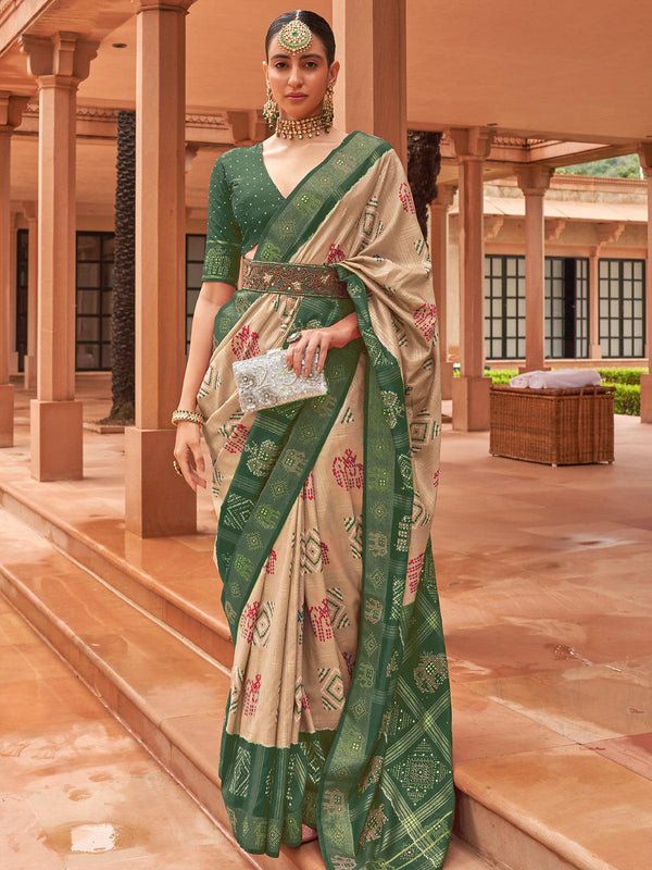 Beige And Green Woven Patola Silk Saree - VJV Now