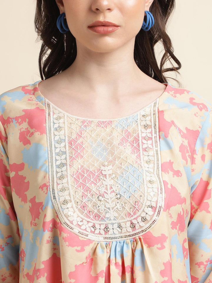 Beige & Pink Poly Crepe Digital Printed Top with Matching Bottom - VJV Now