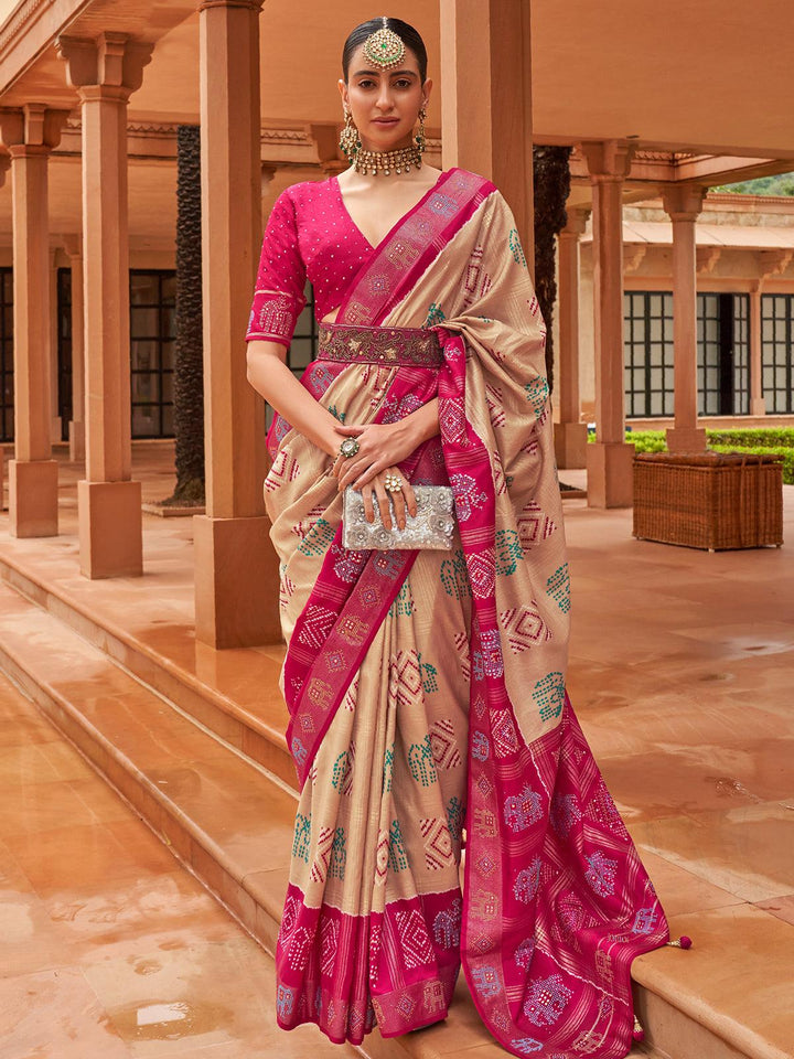 Beige And Pink Woven Patola Silk Saree - VJV Now