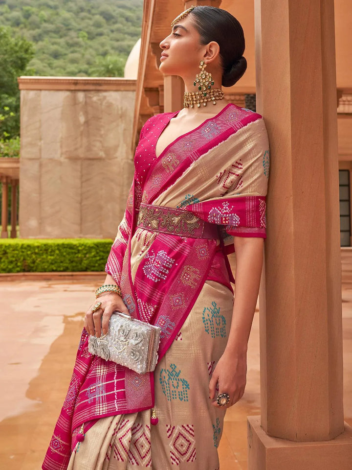 Beige And Pink Woven Patola Silk Saree - VJV Now