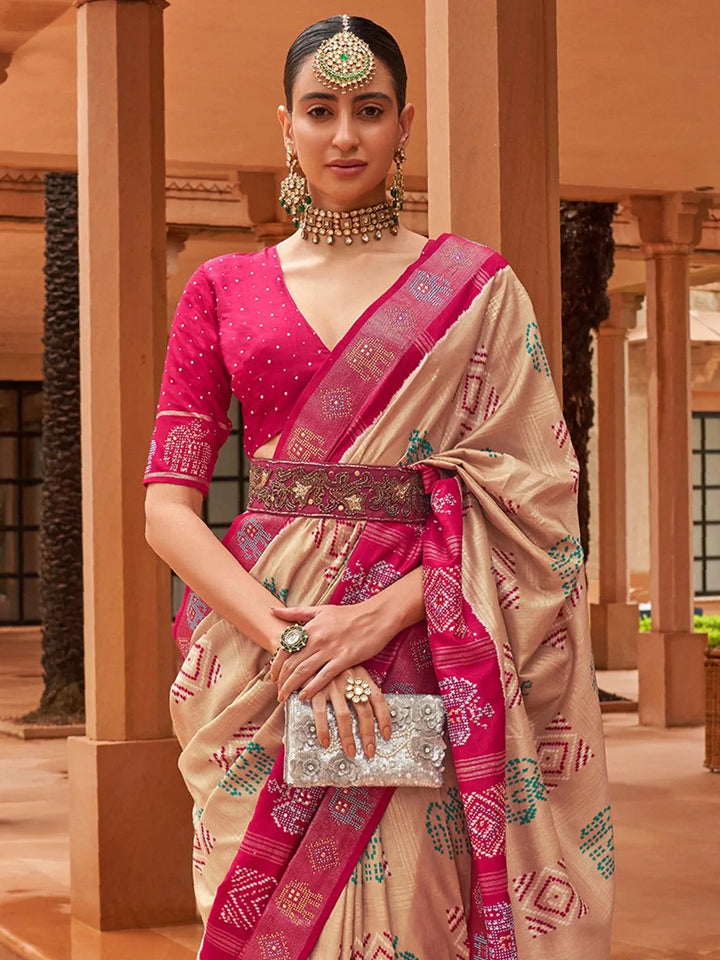 Beige And Pink Woven Patola Silk Saree - VJV Now