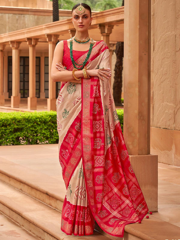 Beige And Red Woven Patola Silk Saree - VJV Now