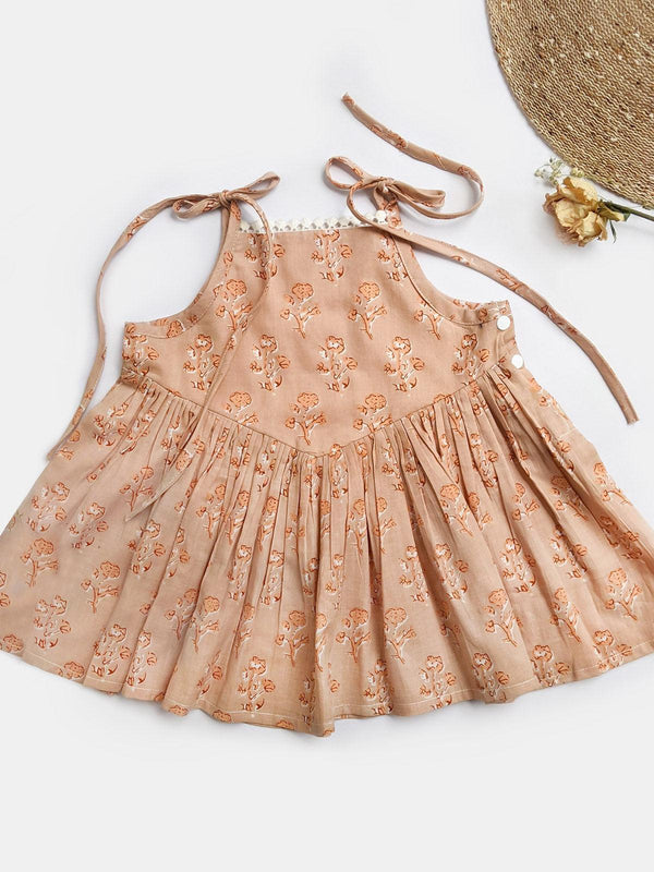 Beige Buiscuit Mini Pleated Frock With Strings - VJV Now