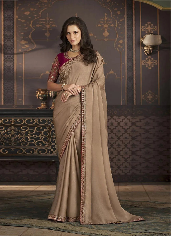 Beige Chiffon Party Wear Saree with Maroon Sequined Blouse - VJV Now