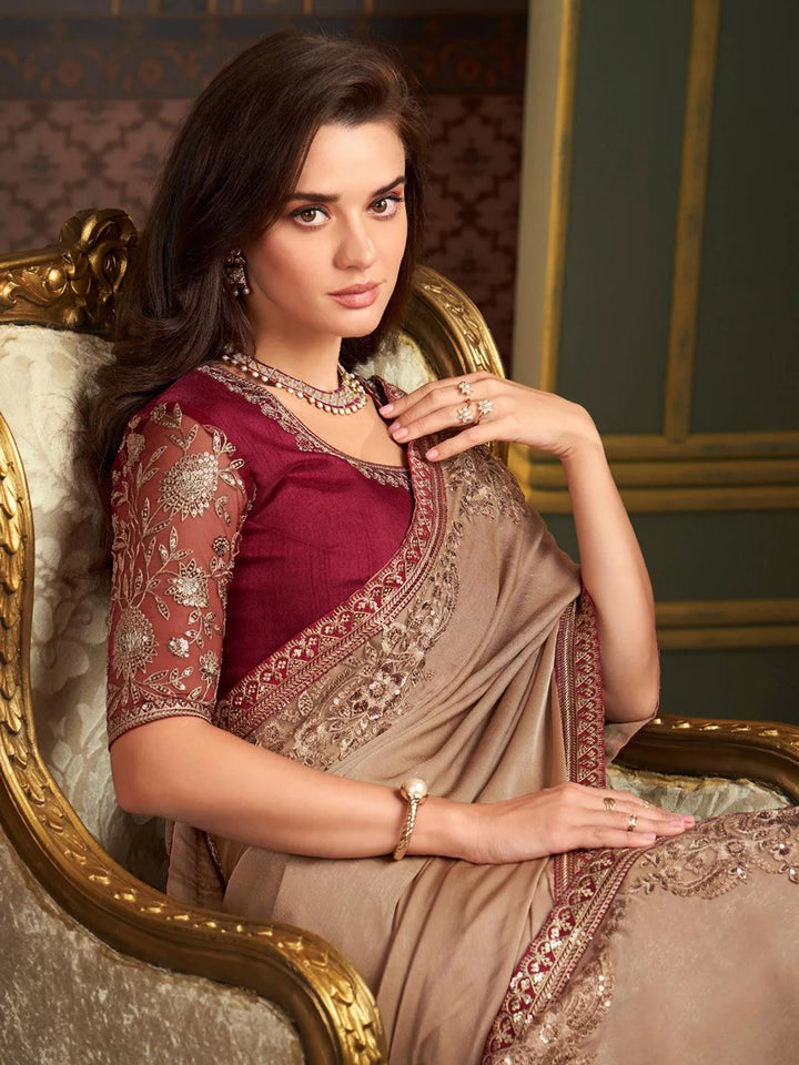 Beige Chiffon Party Wear Saree with Maroon Sequined Blouse - VJV Now