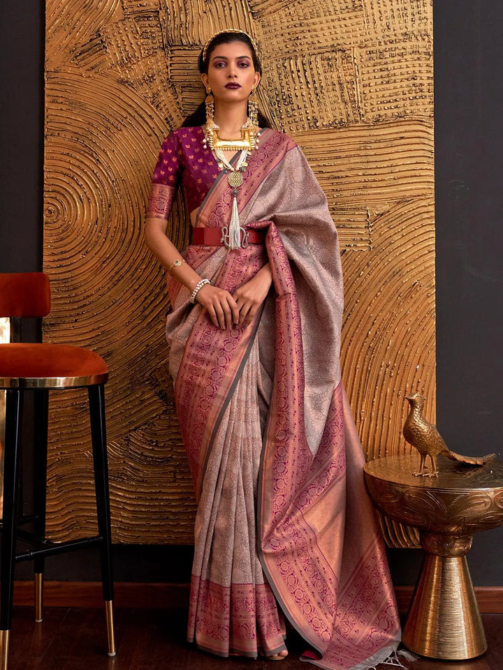 Beige Classic Silk Zari Work Saree - VJV Now