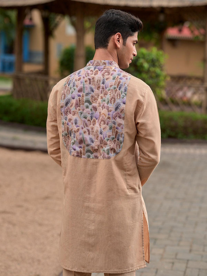 Beige Color Cotton fabric Printed Embroidery work kurta Set for men - VJV Now