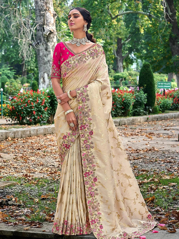 Beige Color Embroidered Banarasi Silk Saree - VJV Now