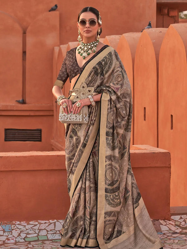 Beige Color Printed Classic Silk Saree - VJV Now