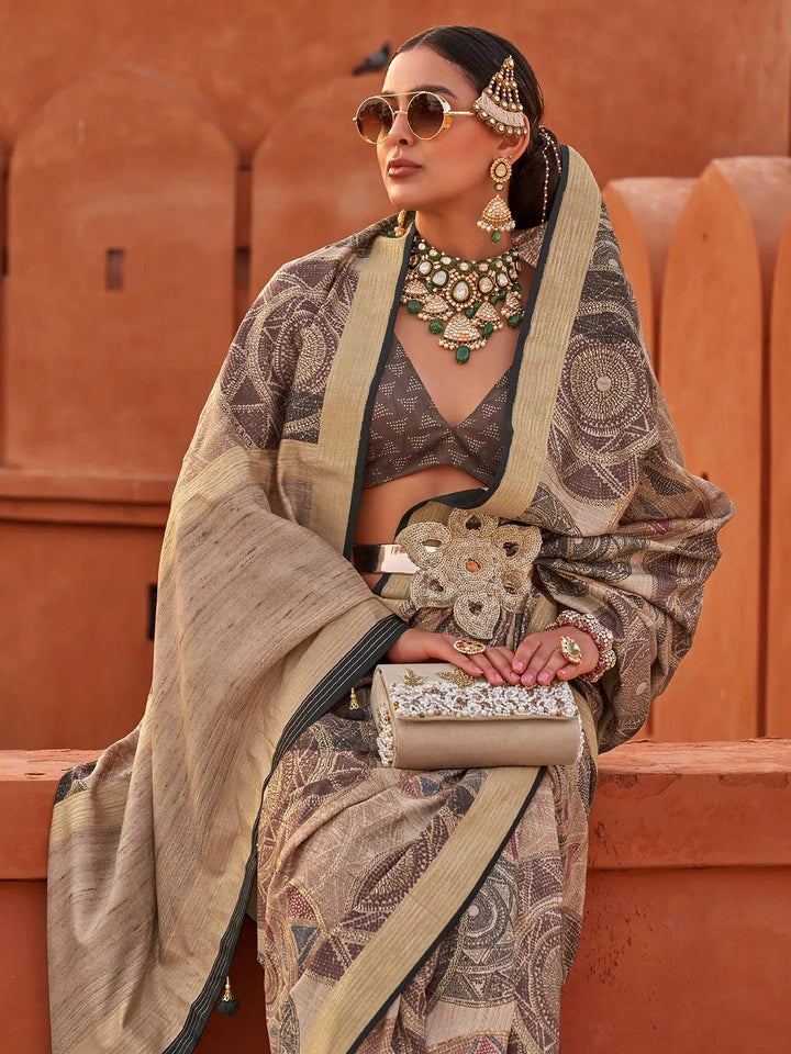 Beige Color Printed Classic Silk Saree - VJV Now