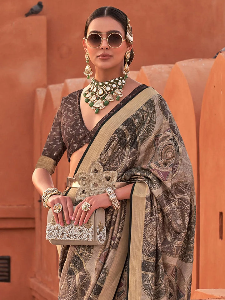 Beige Color Printed Classic Silk Saree - VJV Now