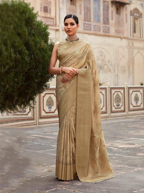 Beige Crape Silk Saree with Digital Prints & Jacquard Weave for All Occasions - VJV Now