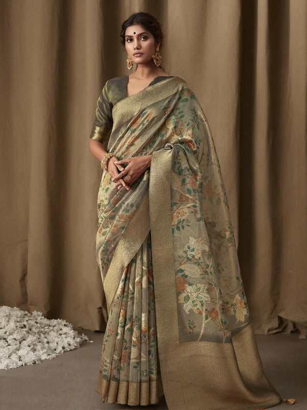 Beige Digital Printed Zari Work Banarasi Saree - VJV Now