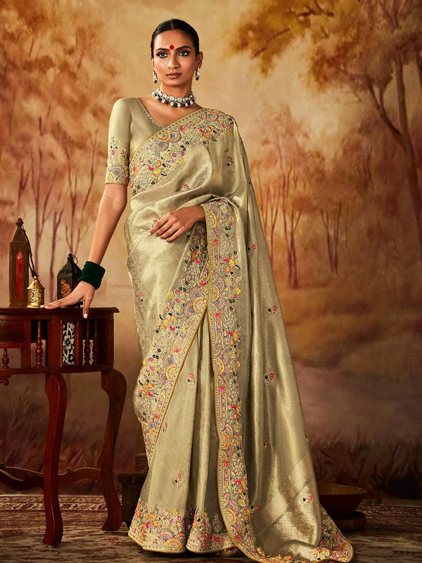 Beige Embroidered Work Silk Saree - VJV Now