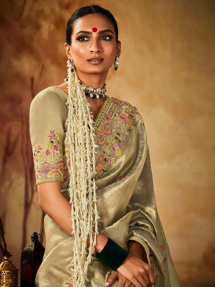 Beige Embroidered Work Silk Saree - VJV Now