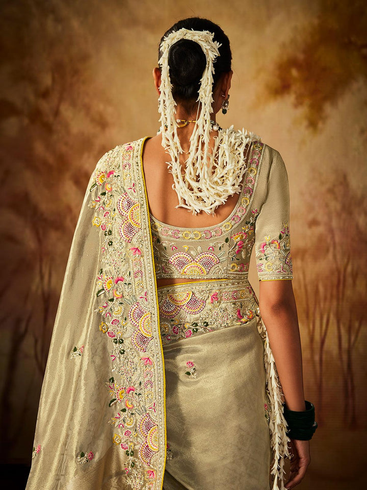 Beige Embroidered Work Silk Saree - VJV Now