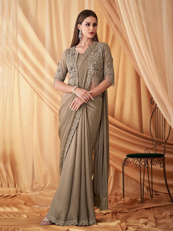 Beige Georgette Sequin Beadwork Saree with Jacket For Party & Festive Wear - VJV Now