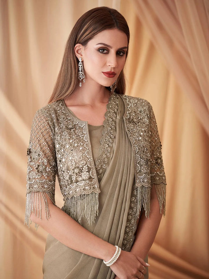 Beige Georgette Sequin Beadwork Saree with Jacket For Party & Festive Wear - VJV Now