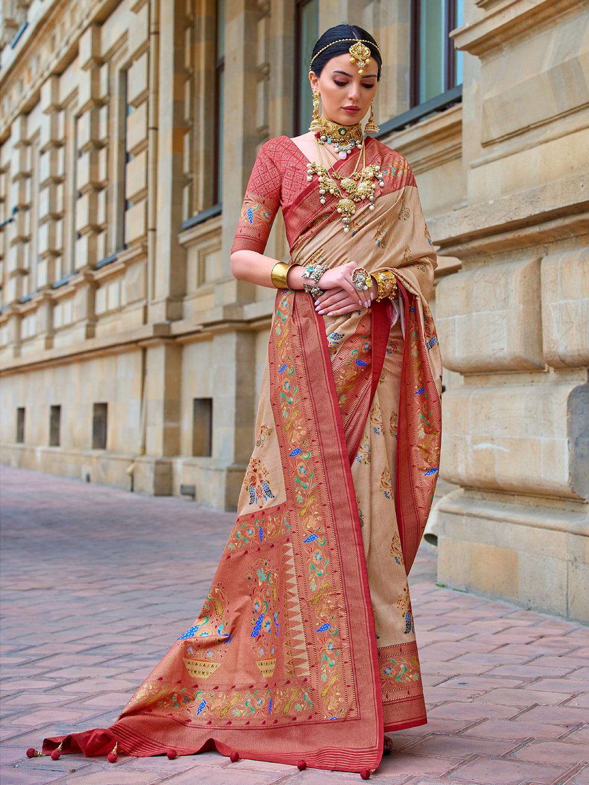 Beige Color Printed Designs On Art Silk Intriguing Saree