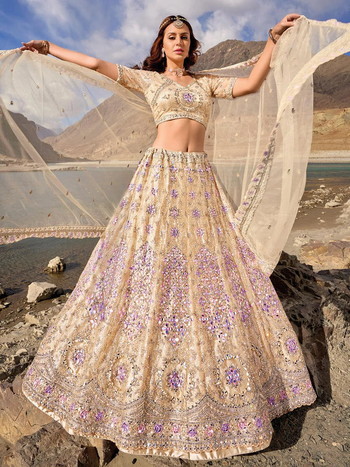 Beige Heavy Net Embroidered and Mirror Work Umberalla Lehenga Choli Designer Wear - VJV Now