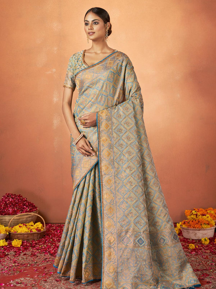 Beige Kanjivaram Silk Zari Work Saree Festive Wear - VJV Now