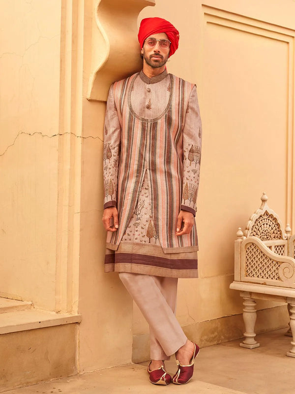 Beige Men's Indo-wester Sherwani Set Koti with For Weeding - VJV Now