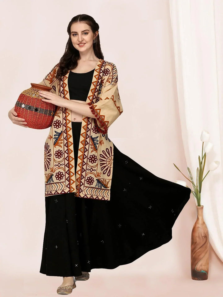 Beige organic cotton long fancy embroidered ethnic jacket - VJV Now