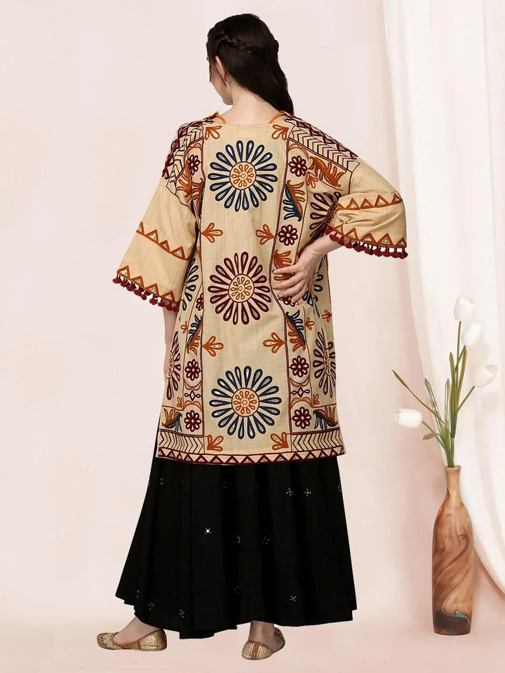 Beige organic cotton long fancy embroidered ethnic jacket - VJV Now