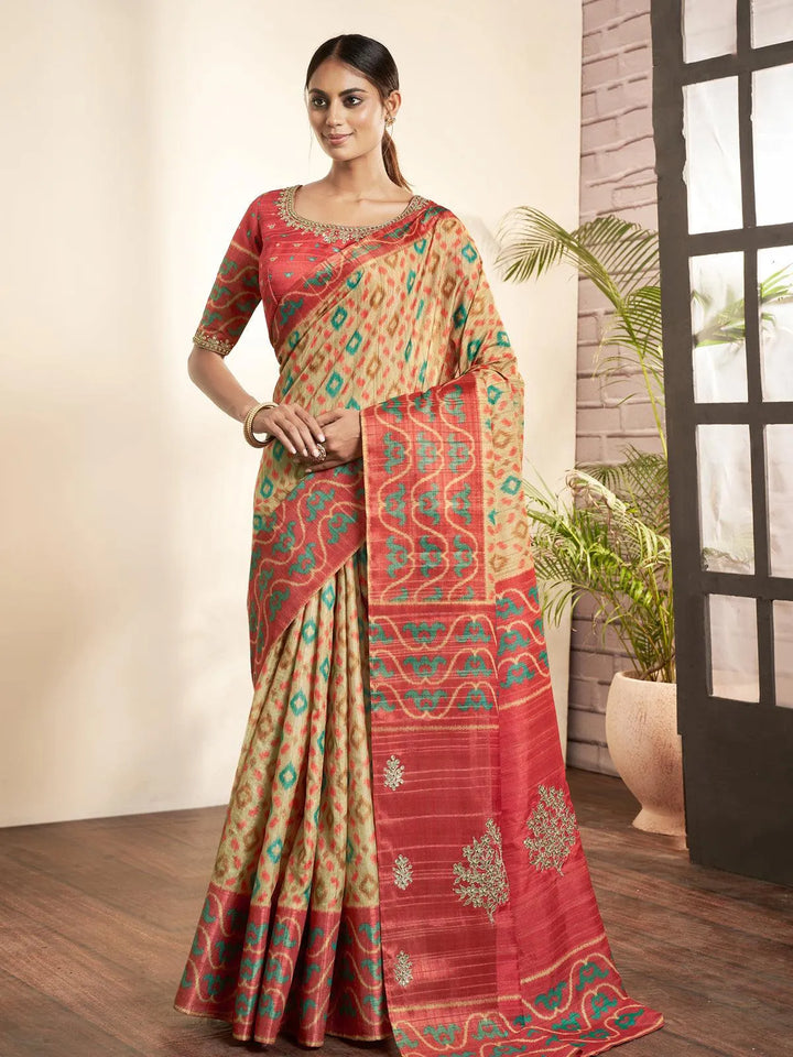 Beige Paisley Printed Classic Silk Saree - VJV Now