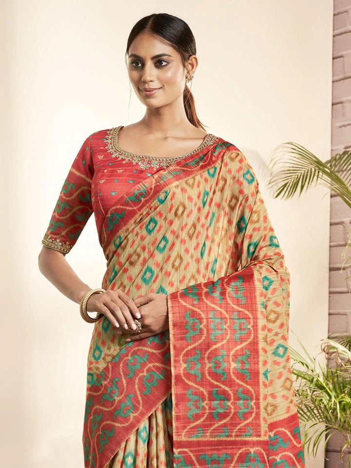 Beige Paisley Printed Classic Silk Saree - VJV Now