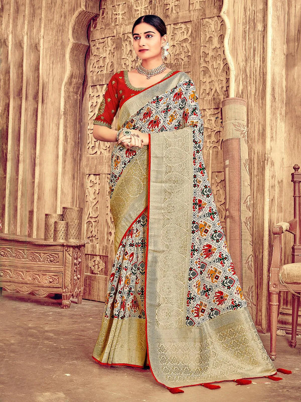 Beige Patola Silk Saree with Red Embroidered Work Blouse for Weddings & Festivals - VJV Now