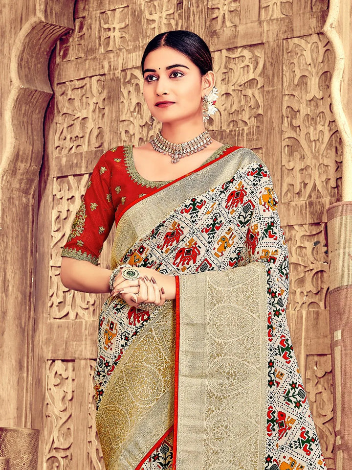 Beige Patola Silk Saree with Red Embroidered Work Blouse for Weddings & Festivals - VJV Now