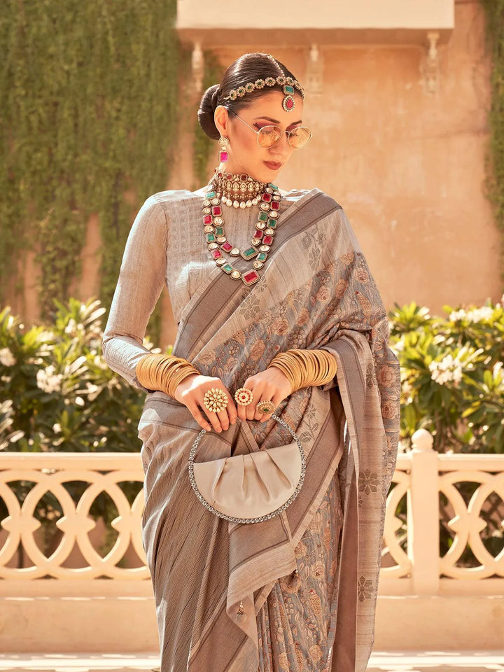 Beige Raw Silk Saree with Foil and Khadi Print for All Occasion - VJV Now